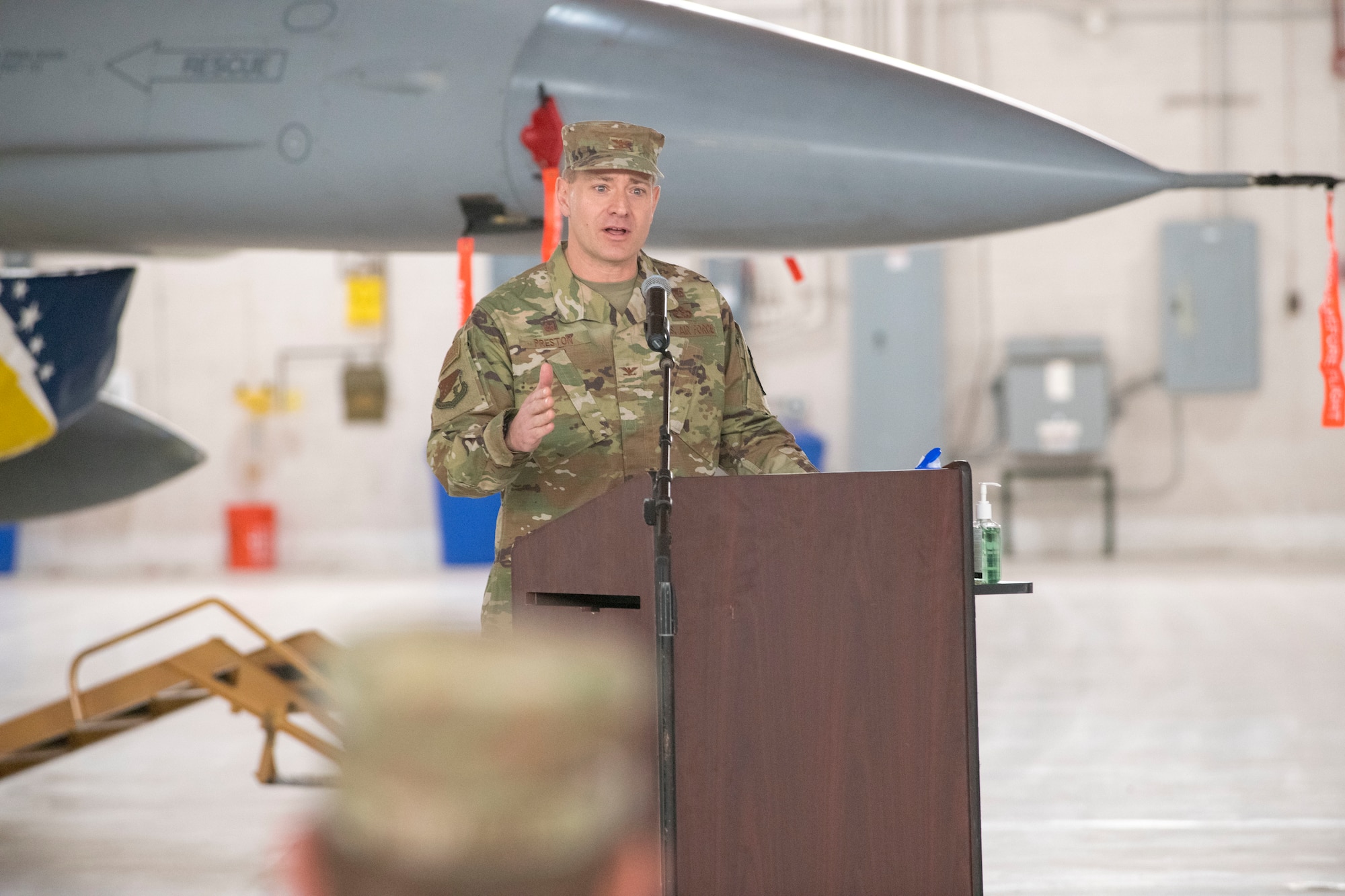 Col. Thomas Preston, 49th Maintenance Group commander, speaks during the 49th MXG Change of Command ceremony, May 15, 2020, on Holloman Air Force Base, N.M. Preston was previously assigned to the U.S. European Command J4 as the operational logistics division chief in Stuttgart, Germany. (U.S. Air Force photo by Staff Sgt. Christine Groening)