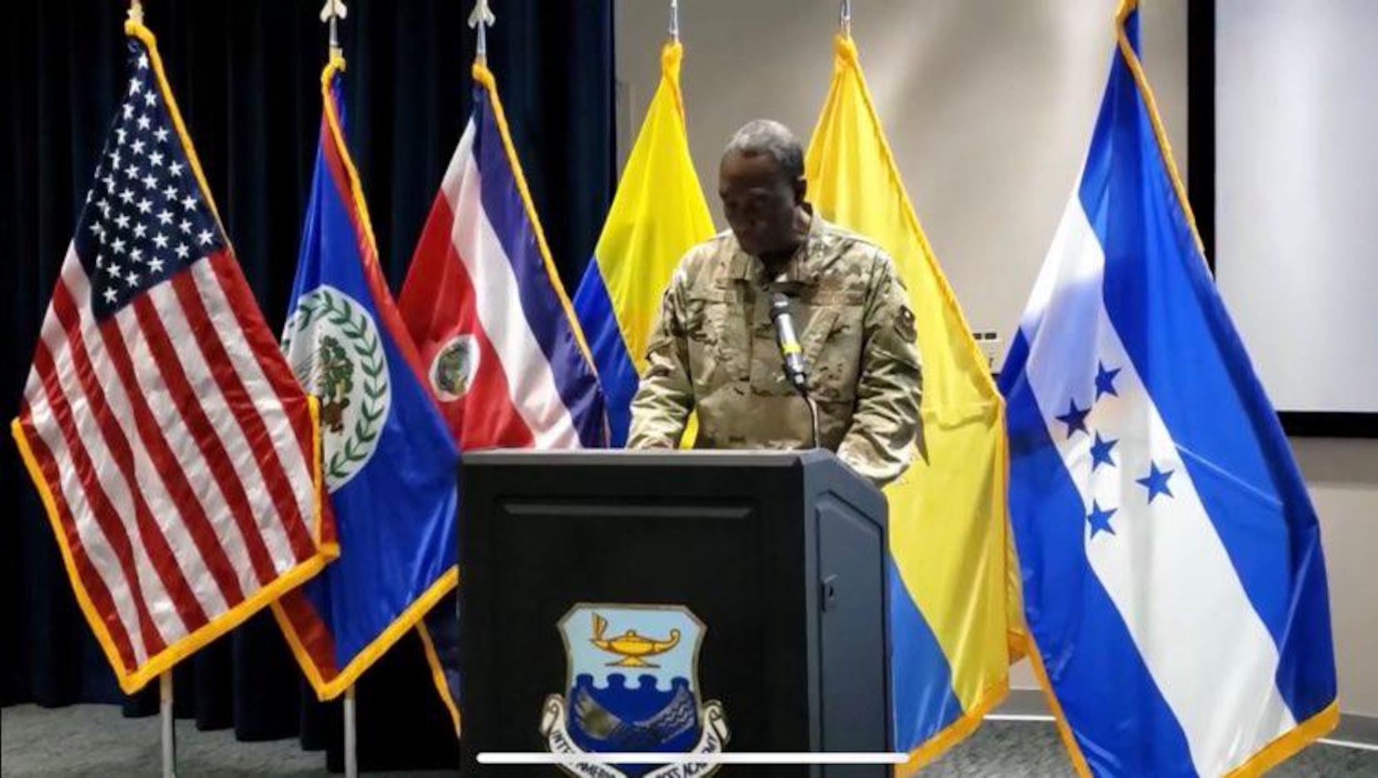 The Inter-American Air Forces Academy commandant, Col. Issac Davidson, celebrates graduates of the 2020 Alpha Cycle during IAAFA's virtual graduation ceremony, May 15. (Courtesy Photo)