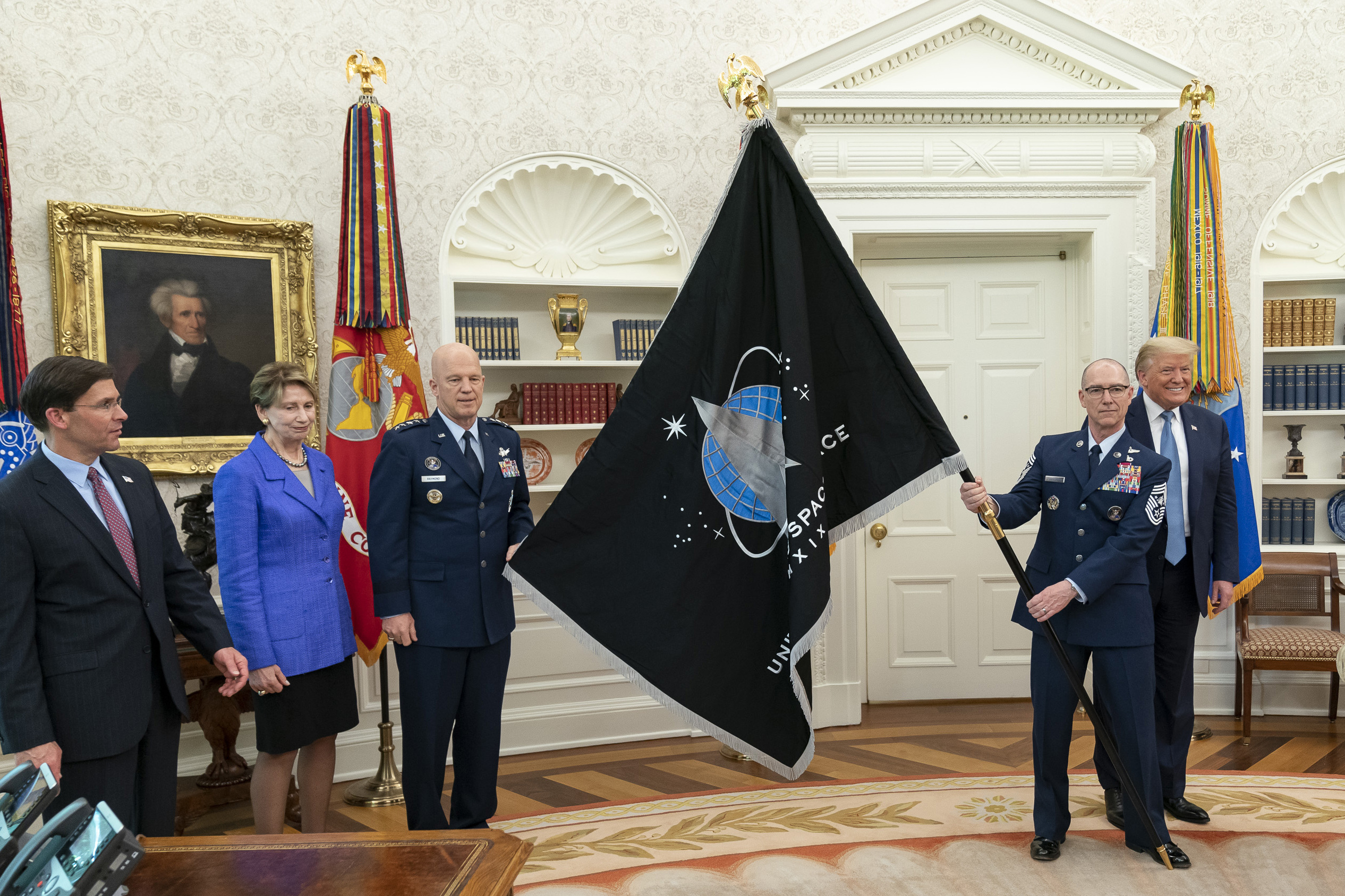 Space Force flag in the Oval Office of the White House