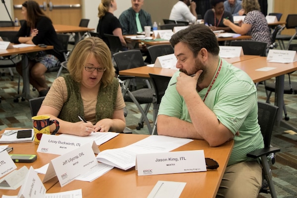 Lacey Duckworth and Jason King of the U.S. Army Engineer Research and Development Center’s Information Technology Laboratory chat at the kickoff for the 2019 Directorate of Human Capital Mentoring Program. The program, which began in 2016, focuses on talent development of ERDC employees.