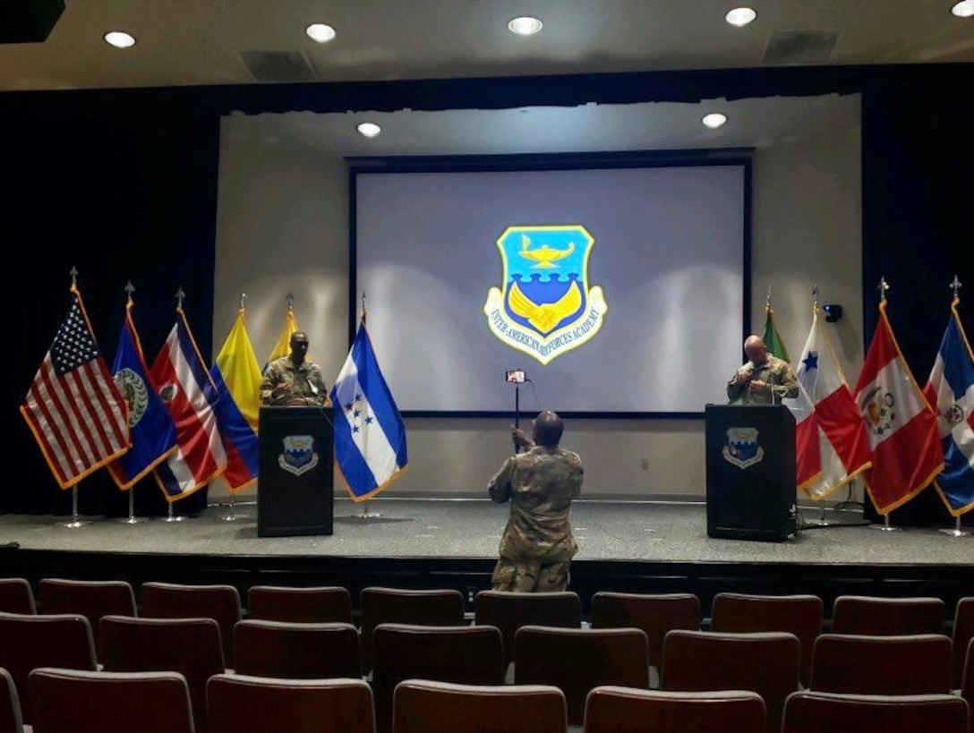 Students from countries across the Americas learn professional military education from IAAFA staff via distance learning during the 2020 Alpha Cycle. (Courtesy Photo)