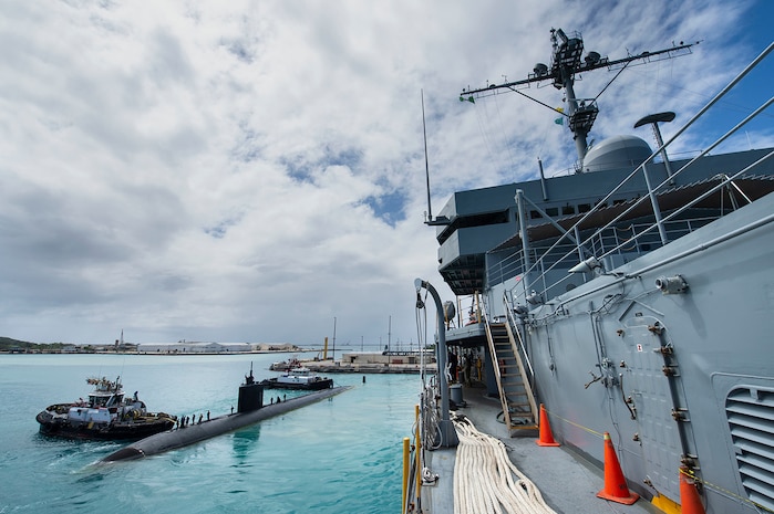 USS Alexandria (SSN 757) prepares to depart Apra Harbor as part of regularly scheduled operations in the Indo-Pacific.