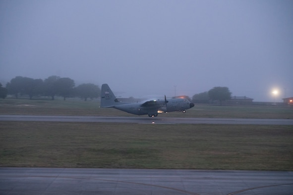 A WC-130J Super Hercules aircraft from 53rd Weather Reconnaissance Squadron takes off May 16, at Keesler Air Force Base, Miss. The Hurricane Hunters departed today on their first storm tasking of the 2020 Atlantic hurricane season to investigate an area for possible development into a tropical depression or storm near the Bahamas. (U.S. Air Force photo by Tech. Sgt. Christopher Carranza)