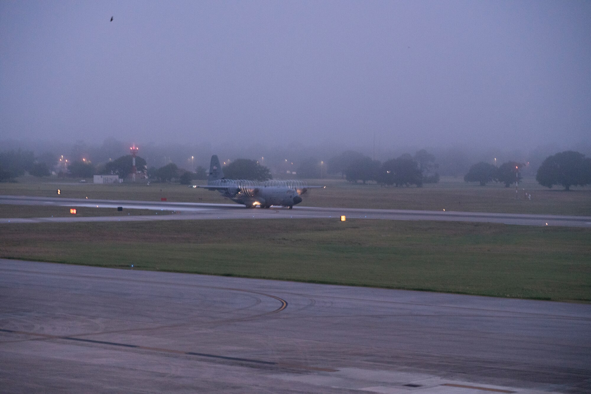 A WC-130J Super Hercules aircraft from 53rd Weather Reconnaissance Squadron takes off May 16, at Keesler Air Force Base, Miss. The Hurricane Hunters departed today on their first storm tasking of the 2020 Atlantic hurricane season to investigate an area for possible development into a tropical depression or storm near the Bahamas. (U.S. Air Force photo by Tech. Sgt. Christopher Carranza)