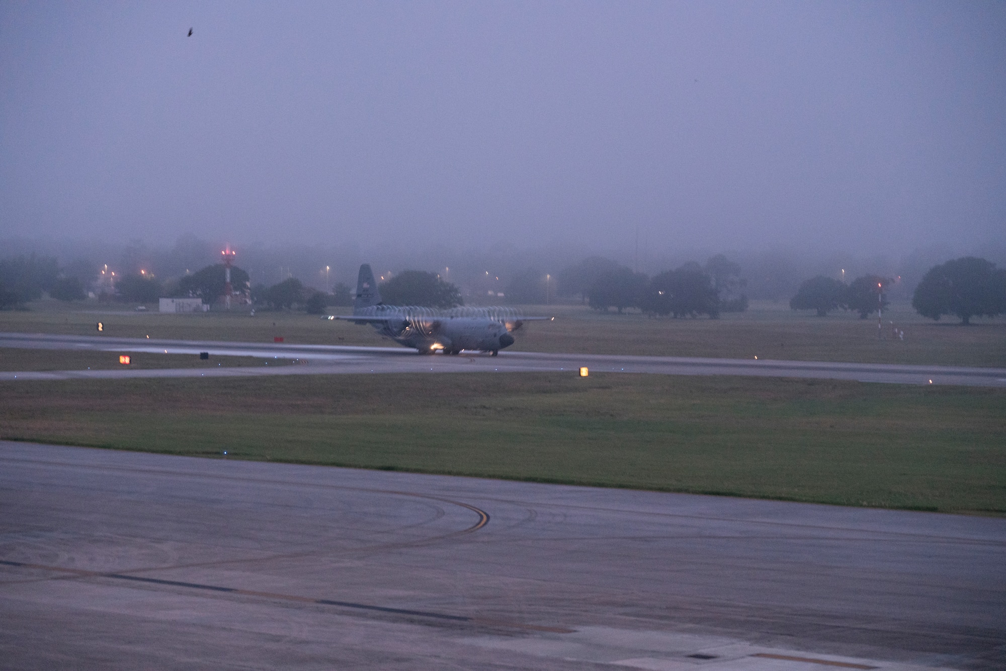A WC-130J Super Hercules aircraft from 53rd Weather Reconnaissance Squadron takes off May 16, at Keesler Air Force Base, Miss. The Hurricane Hunters departed today on their first storm tasking of the 2020 Atlantic hurricane season to investigate an area for possible development into a tropical depression or storm near the Bahamas. (U.S. Air Force photo by Tech. Sgt. Christopher Carranza)