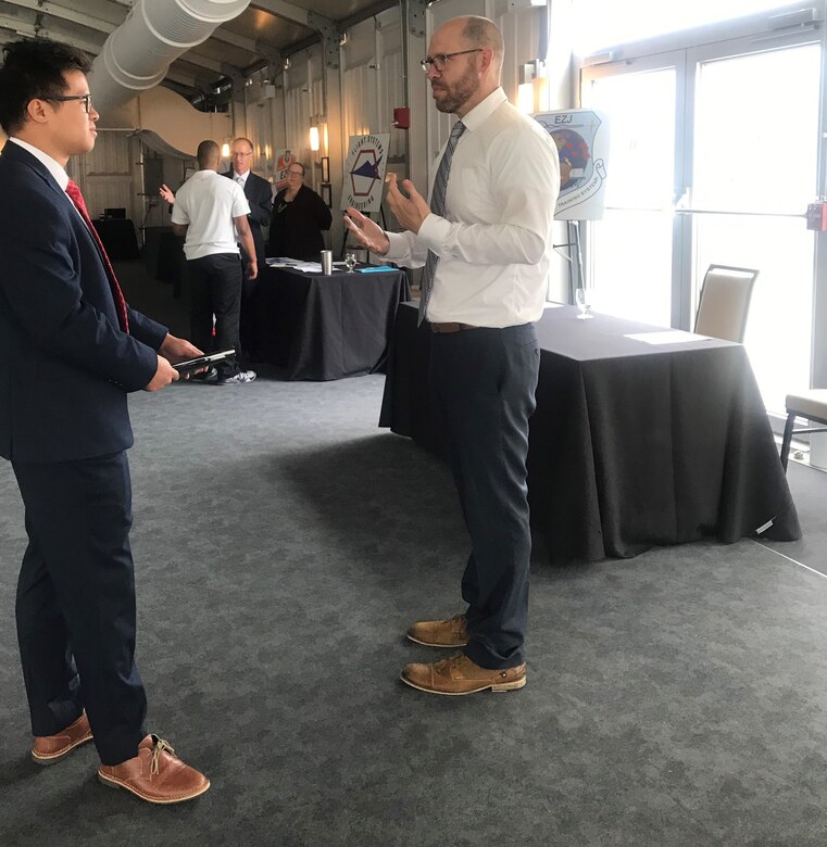 Representatives from AFLCMC engineering were on hand at the two-day recruitment and hiring event at the Marriott hotel in Dayton, Ohio on May 29, 2019. Potential candidates had the opportunity to learn about the different jobs available within AFLCMC Engineering. (U.S. Air Force photo/Stacey Geiger)