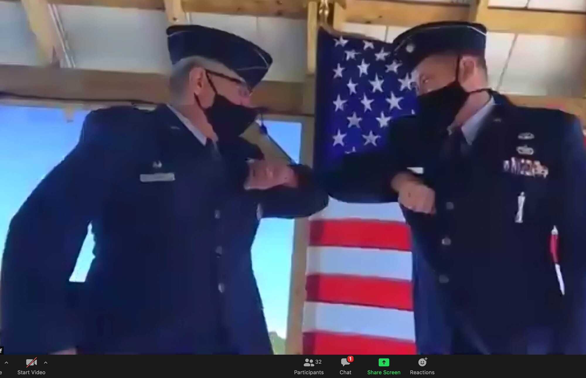 Col. Tom Walter, left, 315th Maintenance Group Commander, Joint Base Charleston, S.C. congratulates Col. William Roff, newly named Readiness and Integration Organization Commander of Detachment 8, Stuttgart, Germany, for obtaining the rank of Colonel May 15, 2020, via virtual video. The unit training assembly (UTA) was held virtually in May due to COVID-19.