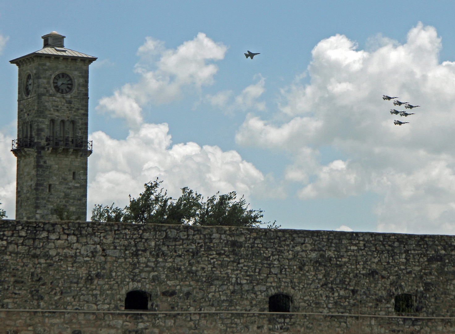 The Air Force Air Demonstration Squadron, the Thunderbirds, fly over the U.S. Army North headquarters in a flyover salute to our COVID-19 responders at Joint Base San Antonio-Fort Sam Houston May 13.