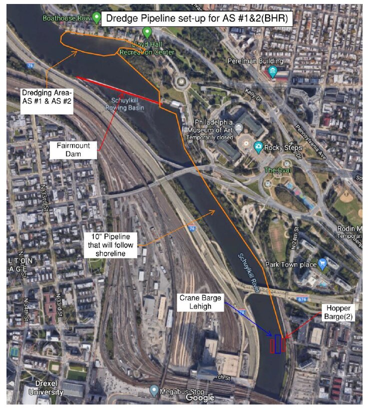 The U.S. Army Corps of Engineers Philadelphia District is managing a project to dredge portions of the Schuylkill River above the Fairmount Dam in Philadelphia, PA. The contract calls for dredging approximately 60,000 cubic yards of sediment from the river. The dredged material will be pumped through pipeline over the Fairmount Dam and onto barges located south of the Route 676 Bridge. The barges will then travel south on the river and will dispose of the dredged material by pumping it to the Fort Mifflin Confined Disposal Area.