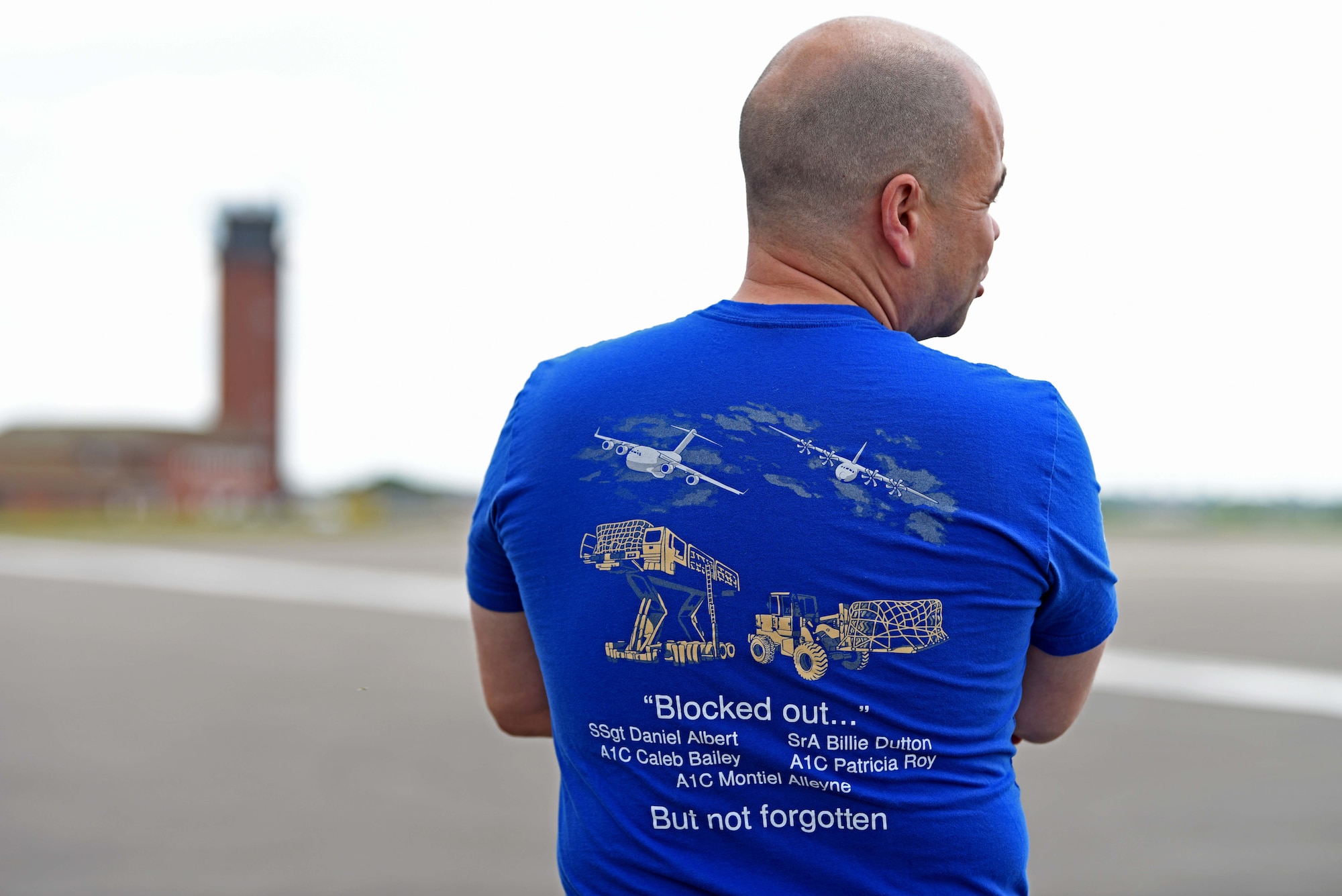 Master Sgt. John Melendez, 727th Air Mobility Squadron air freight superintendent, prepares for the Port Dawg Memorial Run at RAF Mildenhall, England, May 15, 2020. The Port Dawg Memorial Run is an annual event that is career field-wide for air transportation Airmen and is held at aerial ports around the world during Transportation Week. (U.S. Air Force photo by Senior Airman Brandon Esau)