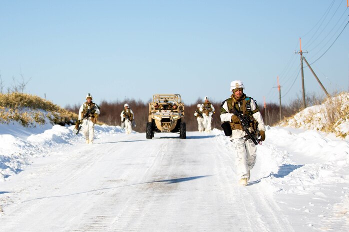 U.S. Marines conduct a simulated assault during a force on force training event during exercise Northern Viper on Yausubetsu Training Area, Hokkaido, Japan, Feb. 7, 2020.