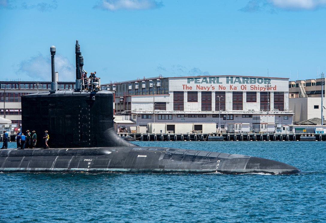 The Virginia-class fast-attack submarine USS Missouri (SSN 780) departs Pearl Harbor Naval Shipyard after completing a scheduled extended dry-docking selected restricted availability (EDSRA).