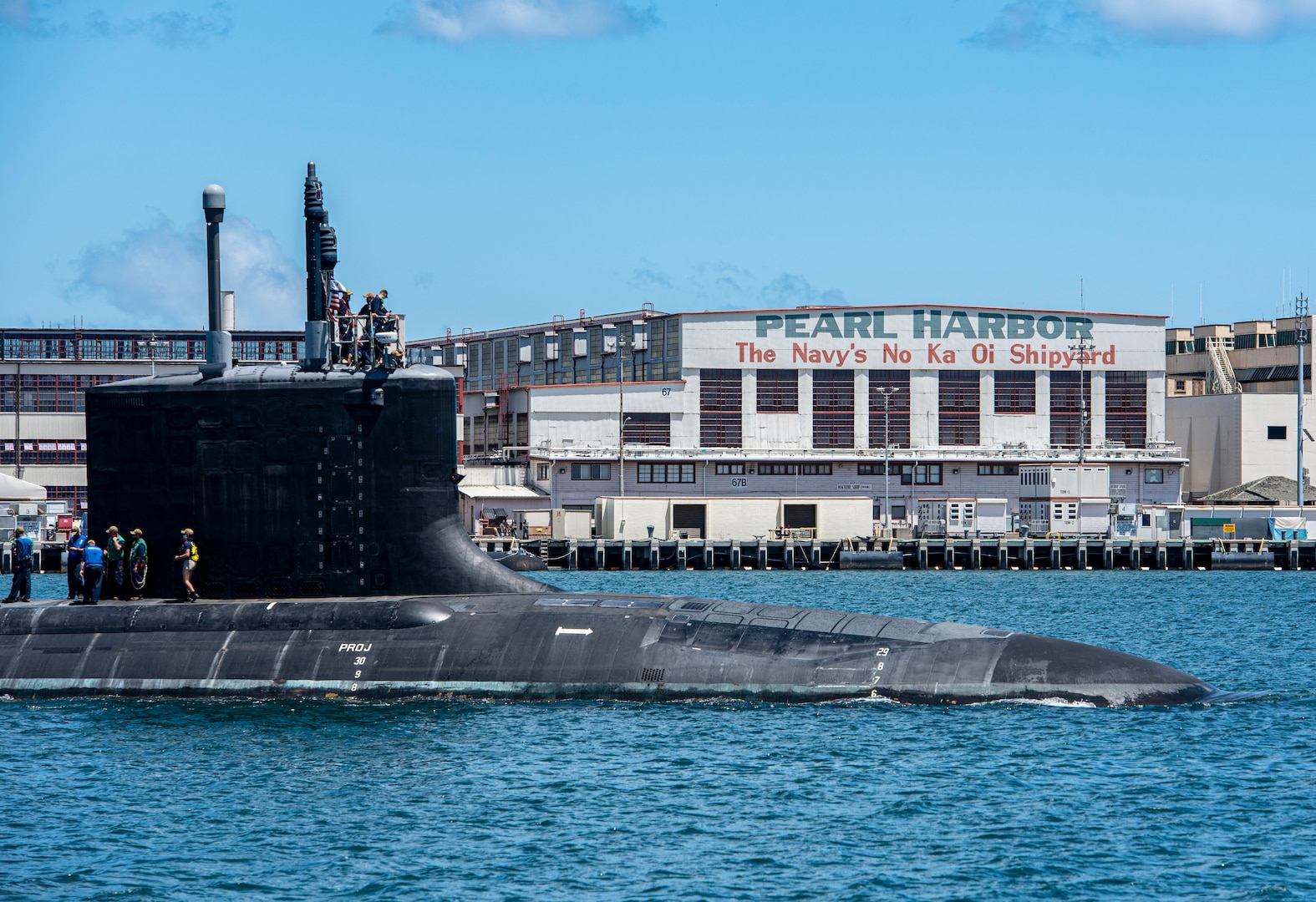 The Virginia-class fast-attack submarine USS Missouri (SSN 780) departs Pearl Harbor Naval Shipyard after completing a scheduled extended dry-docking selected restricted availability (EDSRA).