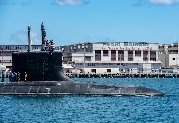 The Virginia-class fast-attack submarine USS Missouri (SSN 780) departs Pearl Harbor Naval Shipyard after completing a scheduled extended dry-docking selected restricted availability (EDSRA).