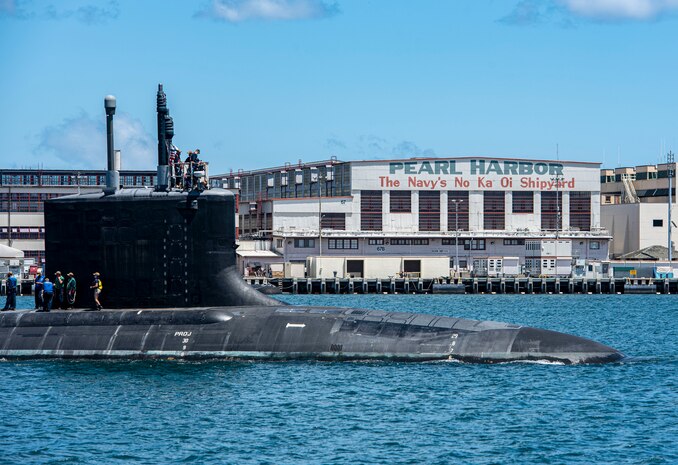 The Virginia-class fast-attack submarine USS Missouri (SSN 780) departs Pearl Harbor Naval Shipyard after completing a scheduled extended dry-docking selected restricted availability (EDSRA).