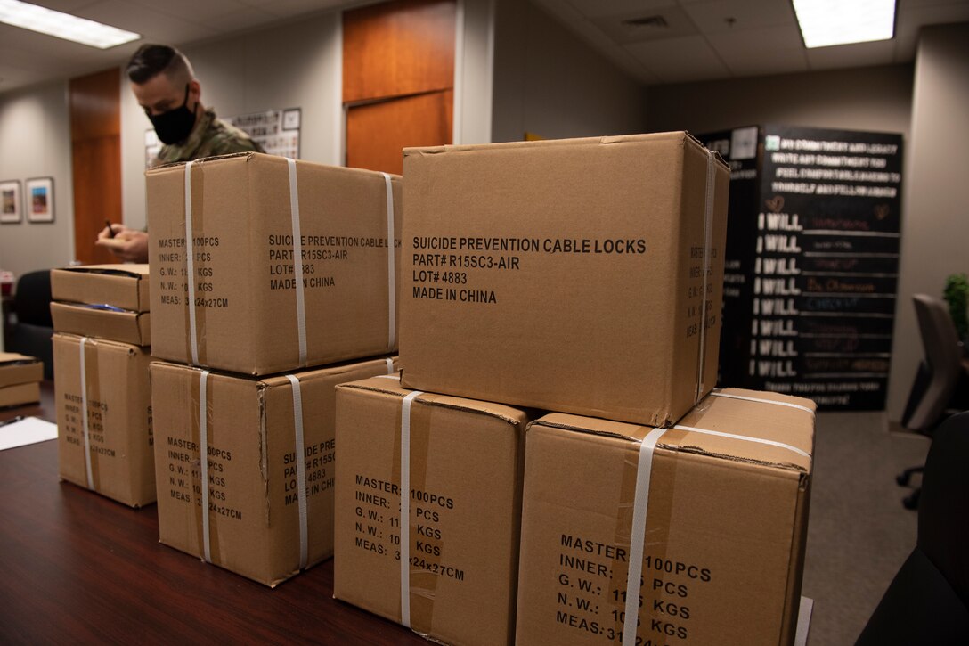 Boxes containing gun locks sit on a table