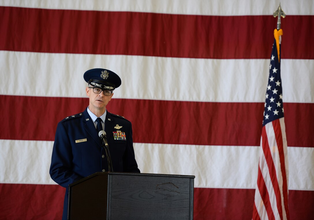 Maj. Gen. Craig Wills, 19th Air Force commander, gives a speech during the 14th Flying Training Wing change of command ceremony May 18, 2020, at Columbus Air Force Base, Miss. Because of the COVID-19 pandemic, there was not an audience at the ceremony. (U.S. Air Force photo by Airman 1st Class Davis Donaldson)