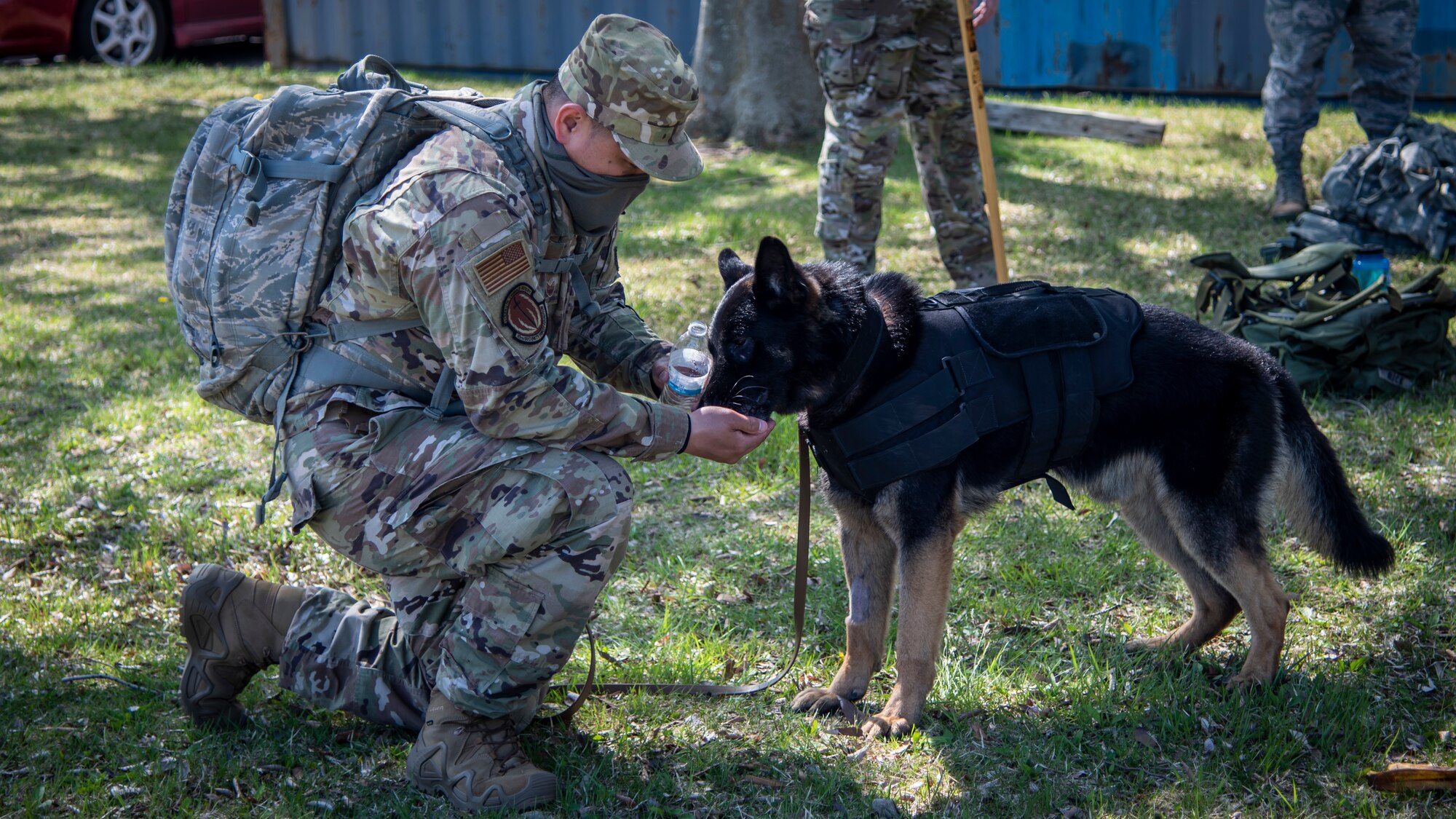 U.S. Air Force Staff Sgt. Thanh Nguyen, a 35th Security Forces Squadron military working dog handler, gives water to her MWD, Laky, before the 2020 Police Week 5K ruck march at Misawa Air Base, Japan, May 11, 2020. The 2020 Police Week consisted of events that reflect what police officers do every day and commemorate those who have fallen which included a ruck march and a final guard mount. (U.S. Air Force photo by Airman 1st Class China M. Shock)