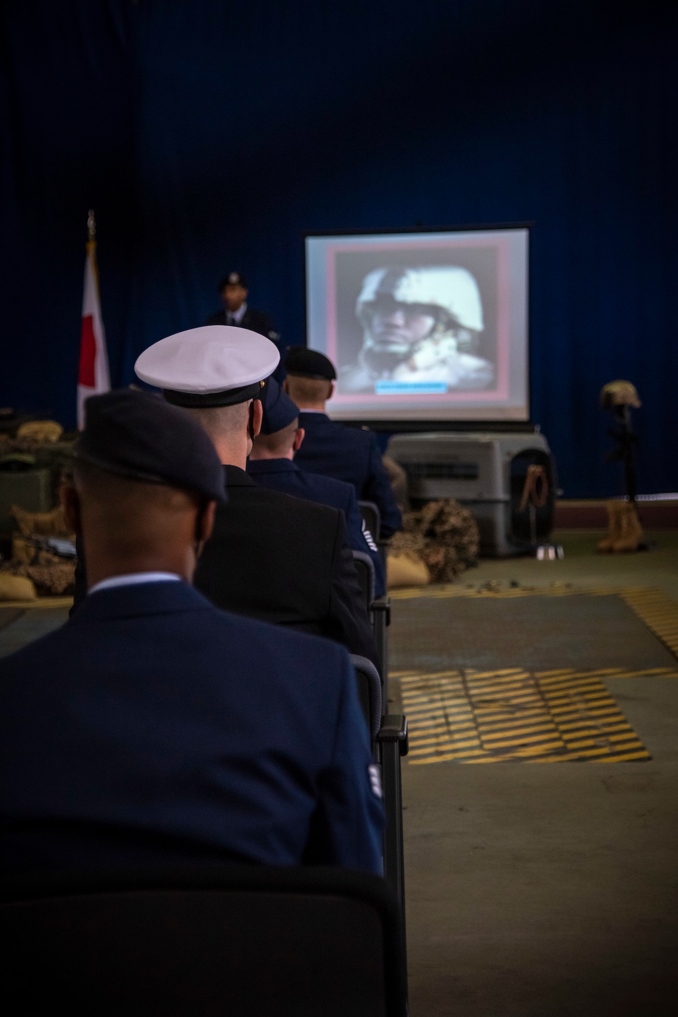 Misawa Air Base defenders sit through roll call during the final guard mount ceremony at Misawa AB, Japan, May 15, 2020. The final guard mount is a ceremony that pays homage to fallen military police officers, honoring the past and present law enforcement. The 35th Security Forces members show pride as defenders commemorate efforts of those who paid the ultimate sacrifice. (U.S. Air Force photo by Airman 1st Class China M. Shock)