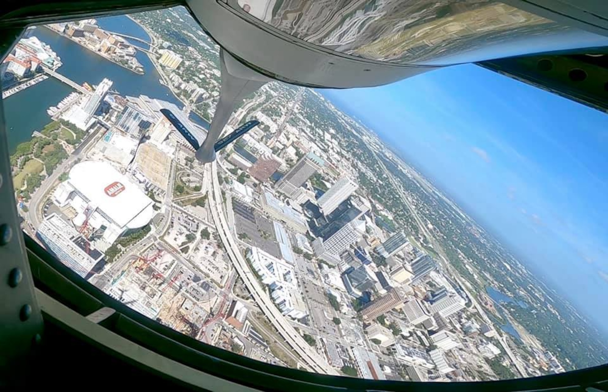 A U.S. Air Force KC-135 Stratotanker aircraft from MacDill Air Force Base, Florida, flew over 12 Tampa Bay Area hospitals May 15, 2020 to salute first responders and local healthcare front-line heroes. (U.S. Air Force photo by Tech. Sgt. Tyler James Berthelot)