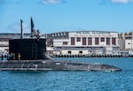 The Virginia-class fast-attack submarine USS Missouri (SSN 780) departs Pearl Harbor Naval Shipyard after completing a scheduled extended dry-docking selected restricted availability (EDSRA).