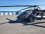 A UH-60 Black Hawk helicopter of 1st Battalion, 207th Aviation Regiment, in Nome after being flown by Alaska National Guard Chief Warrant Officer 3 Paul Jones on a May 16, 2020, rescue mission in Coffin Camp, where a man had injured himself by stepping on nails.