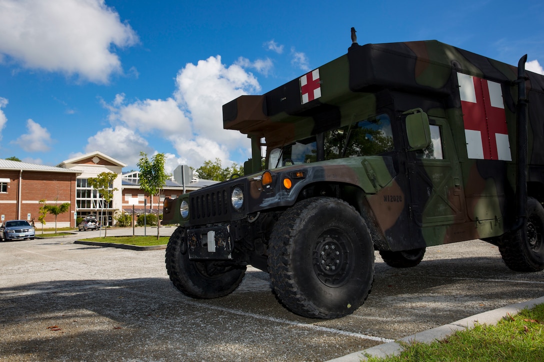 A vehicle stands by ready to assist with destructive weather at Camp Lejeune, N.C., Sept. 12, 2018. (U.S. Marine Corps photo by Lance Cpl. Isaiah Gomez)