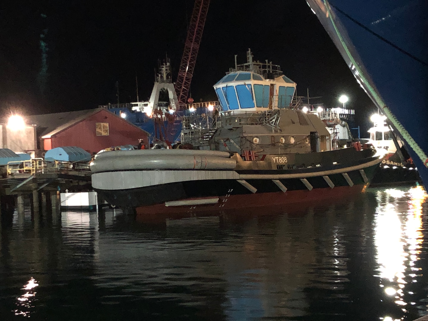 The Navy's first Yard Tug 808-class vessel docks in Anacortes, Washington after being successfully launched by Dakota Creek Industries.