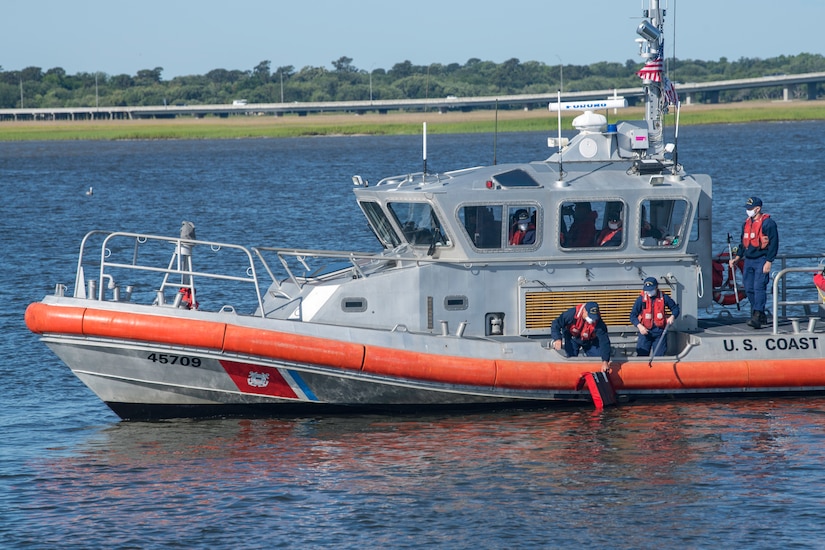 Coast Guard members practice Man Overboard training May 12, 2020, at Coast Guard Station Charleston, S.C.