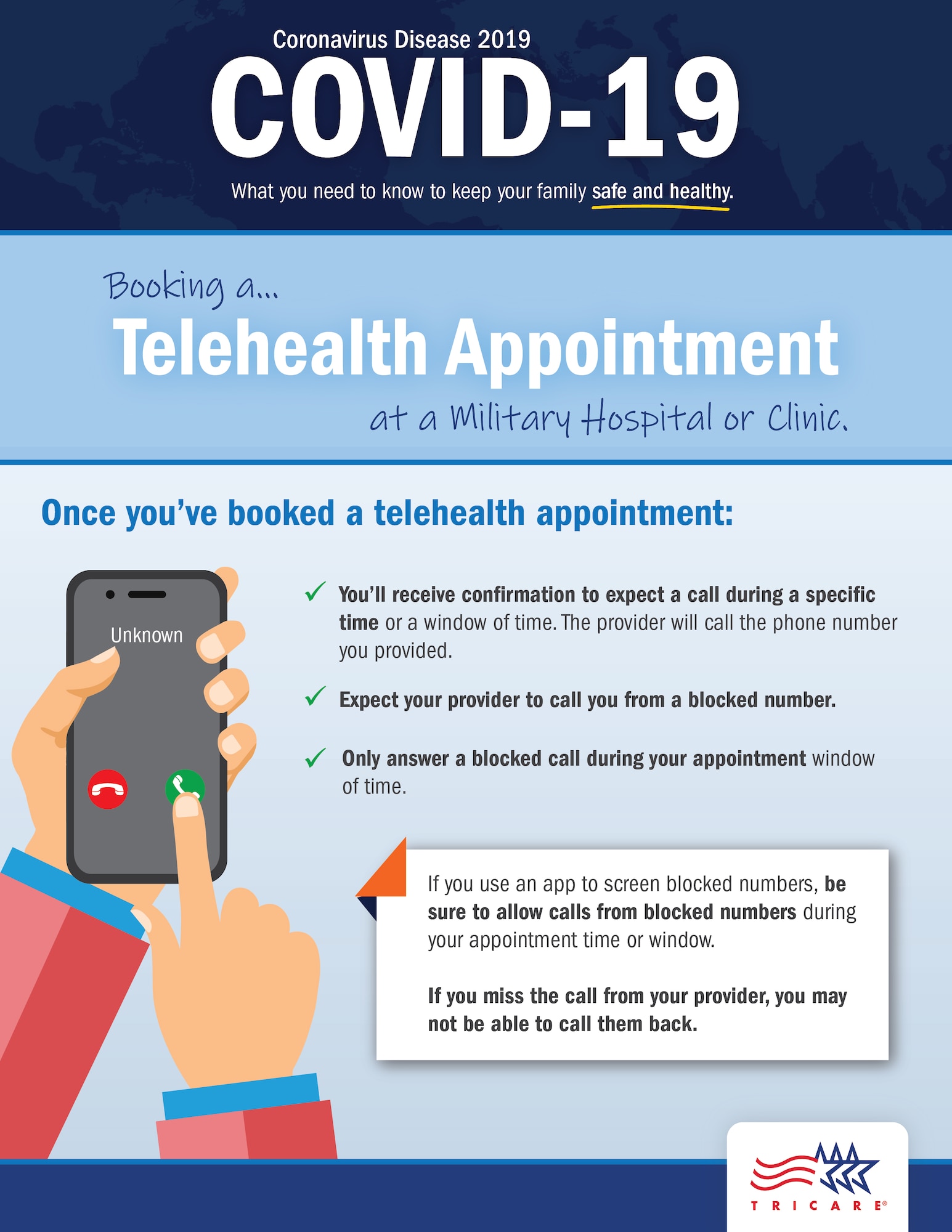 Learn how to book a telehealth appointment at a military treatment facility or clinic. (TRICARE Communications graphic)