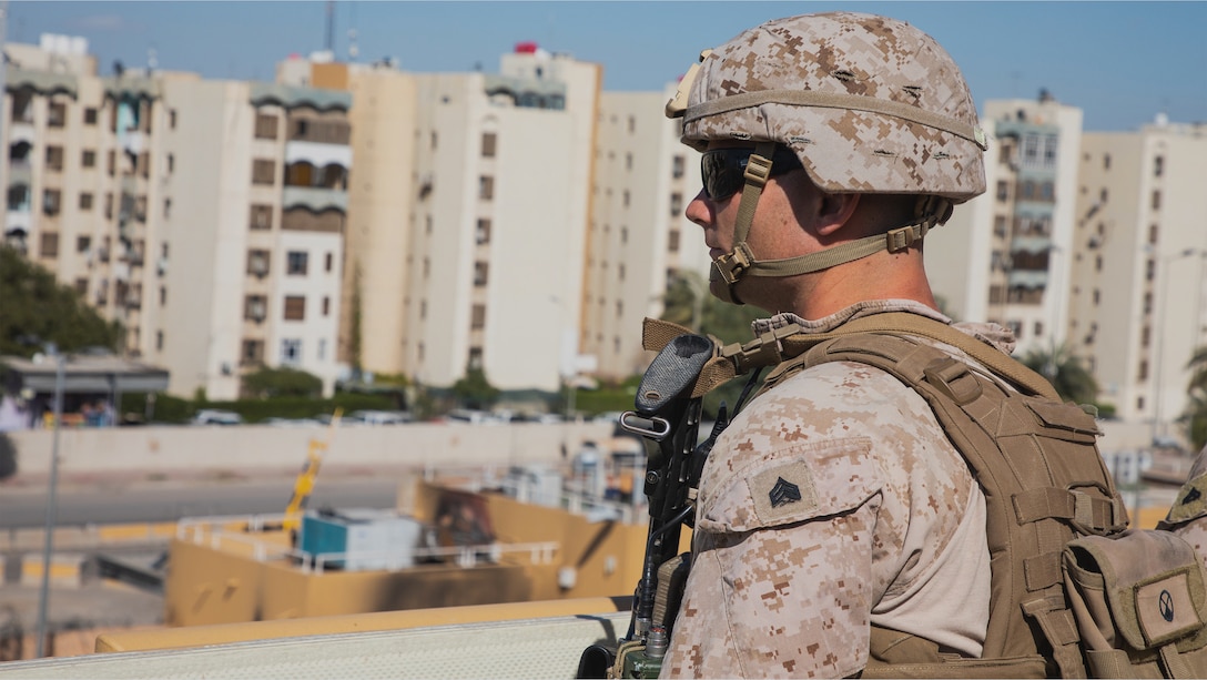 A U.S. Marines with 2nd Battalion, 7th Marines, assigned to the Special Purpose Marine Air-Ground Task Force-Crisis Response-Central Command 19.2, conducts security operations at the Baghdad Embassy Compound in Iraq, Feb. 8th.
