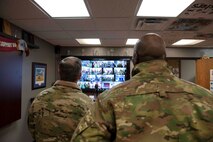 Air Force Chief of Staff Gen. David L. Goldfein and Chief Master Sgt. of the Air Force Kaleth O. Wright participate in a Zoom meeting in the 91st Missile Wing at Minot Air Force Base, North Dakota, May 14, 2020. Air Force Chief of Staff Gen. David L. Goldfein and Chief Master Sgt. of the Air Force Kaleth O. Wright’s visit centered around the efforts of Team Minot to combat the COVID-19 pandemic and successfully execute the Global Striker mission.  (U.S. Air Force photo by Airman 1st Class Jesse Jenny)