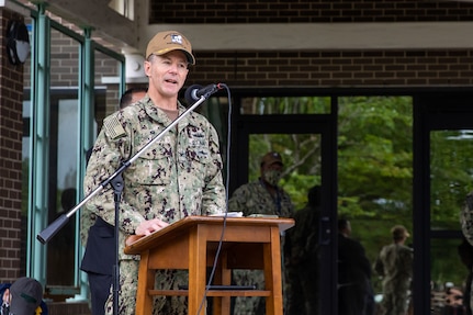 Norfolk Naval Shipyard Commander, Capt. Kai Torkelson, speaks at the Memorial Day Fall-In for Colors May 19. “Today is a day of remembrance and reflection honoring the many lives lost, many perishing in the prime of their lives and leaving so many loved ones behind to treasure their memories and honor their legacies,” said Torkelson. “We stand here today in solidarity both as dedicated members of Norfolk Naval Shipyard and as proud Americans.”