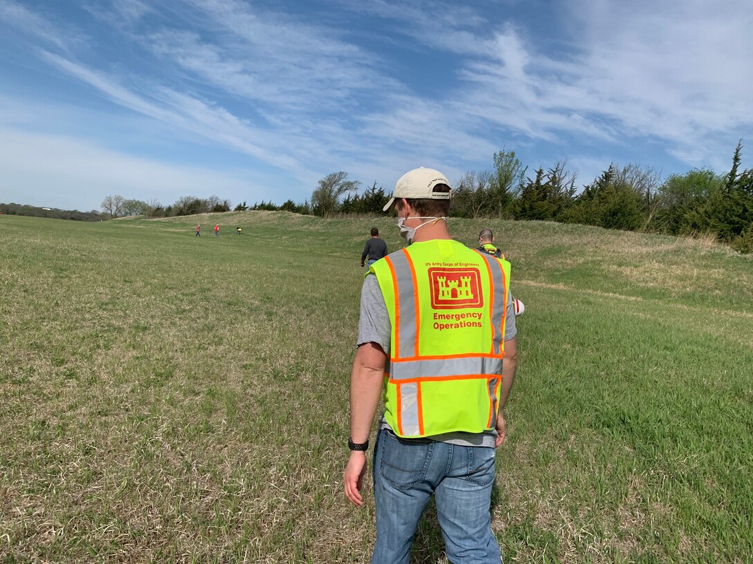 The Omaha District dam safety team performs an inspection May 1, at  Salt Creek Site 2, Olive Creek Dam, Neb., to check for erosion and if the outlet channel in satisfactory condition. This was the first inspection the team has performed since the COVID-19 pandemic began.