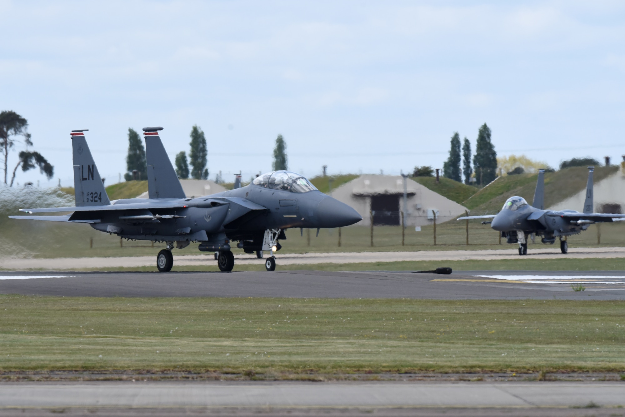 An F-15E Strike Eagle assigned to the 494th Fighter Squadron takes off at Royal Air Force Lakenheath, England, May 14, 2020.  An array of avionics and electronics systems gives the F-15E the capability to fight at low altitude, day or night and in all weather. (U.S. Air Force photo by Airman 1st Class Rhonda Smith)