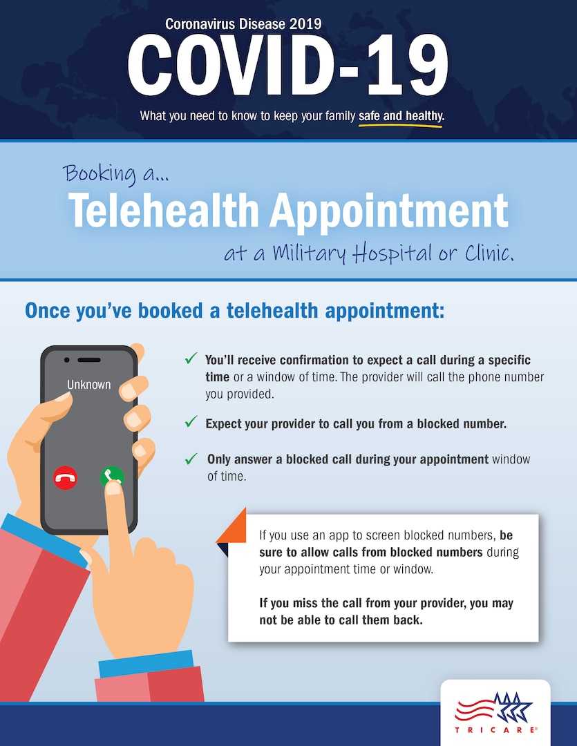 Learn how to book a telehealth appointment at a military treatment facility or clinic. (TRICARE Communications graphic)