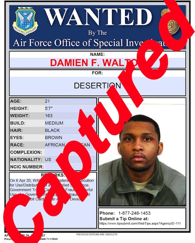 The joint policing effort among Office of Special Investigations Special Agents from Detachments in Alaska and New Jersey, coupled with local law enforcement, captured Airman Basic Damien F. Walton May 8, 2020, who deserted authorities after committing various crimes. (OSI graphic)