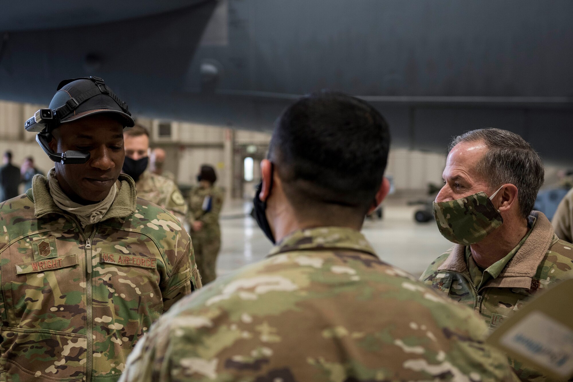 Air Force Chief of Staff Gen. David L. Goldfein and Chief Master Sgt. of the Air Force Kaleth O. Wright learn about new innovations being made at Minot Air Force Base, North Dakota, May 14, 2020. Airmen at Team Minot, in the midst of a global pandemic, demonstrate the ever adapting ability of the Global Strikers to CSAF General Goldfein and CMSAF Wright during their visit to Minot Air Force Base.  (U.S. Air Force photo by Airman 1st Class Jesse Jenny)