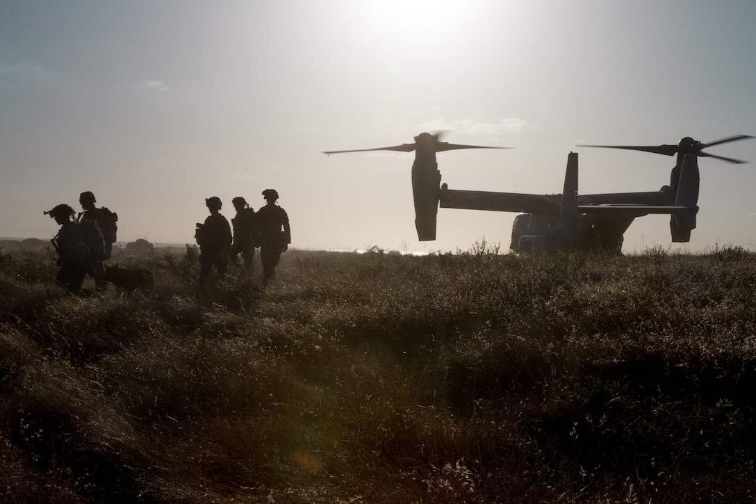 U.S. Marines with Battalion Landing Team 1/4 and 1st Law Enforcement Battalion, 15th Marine Expeditionary Unit, depart an MV-22B Osprey during a helicopter raid course on Marine Corps Camp Pendleton, California, May 12-13, 2020. The training was conducted to enhance participants’ tactics, techniques and procedures applicable to air raid operations for an upcoming deployment. (U.S. Marine Corps photo by Cpl. Sarah Stegall)