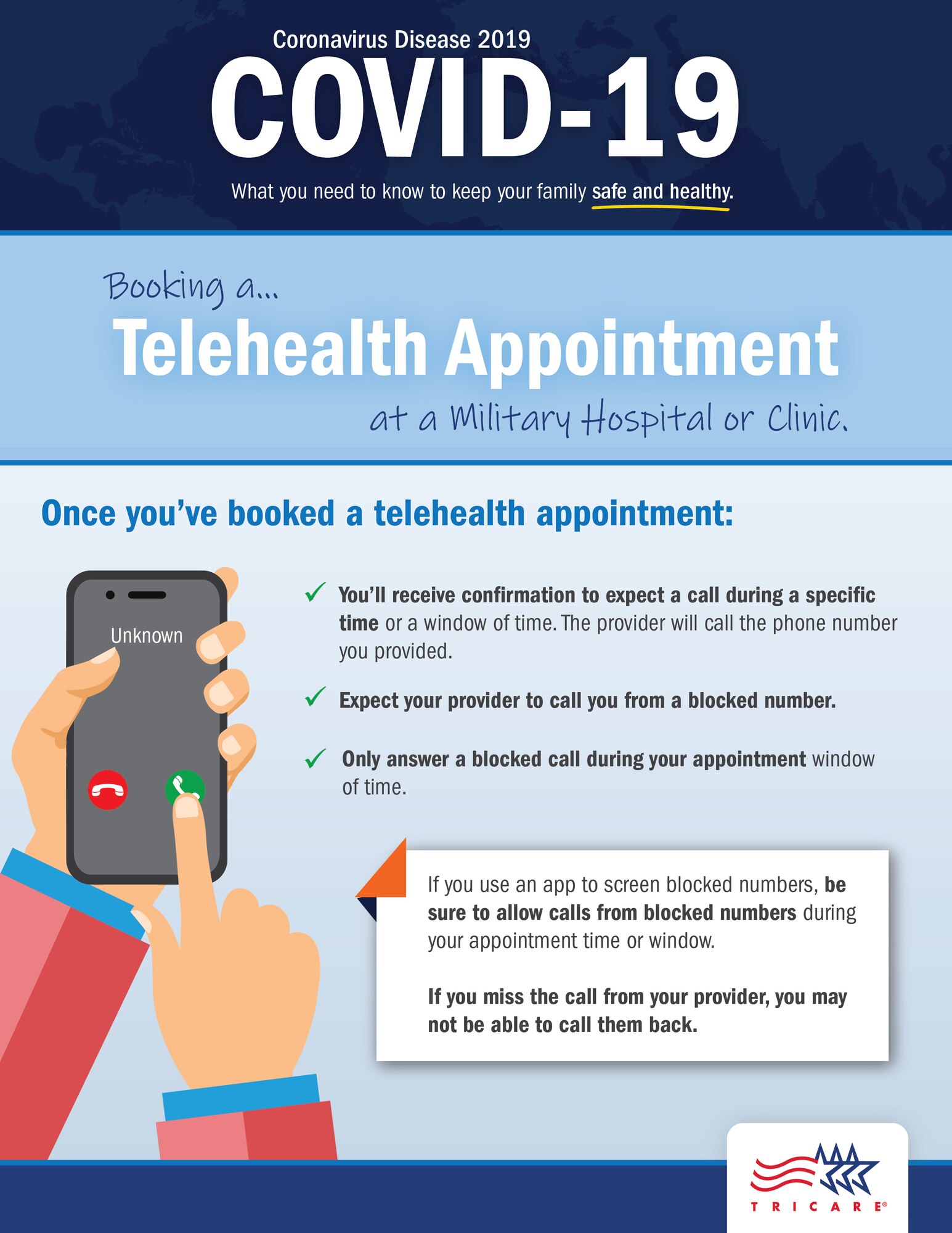 Learn how to book a telehealth appointment at a military treatment facility or clinic. (TRICARE Communications graphic)
