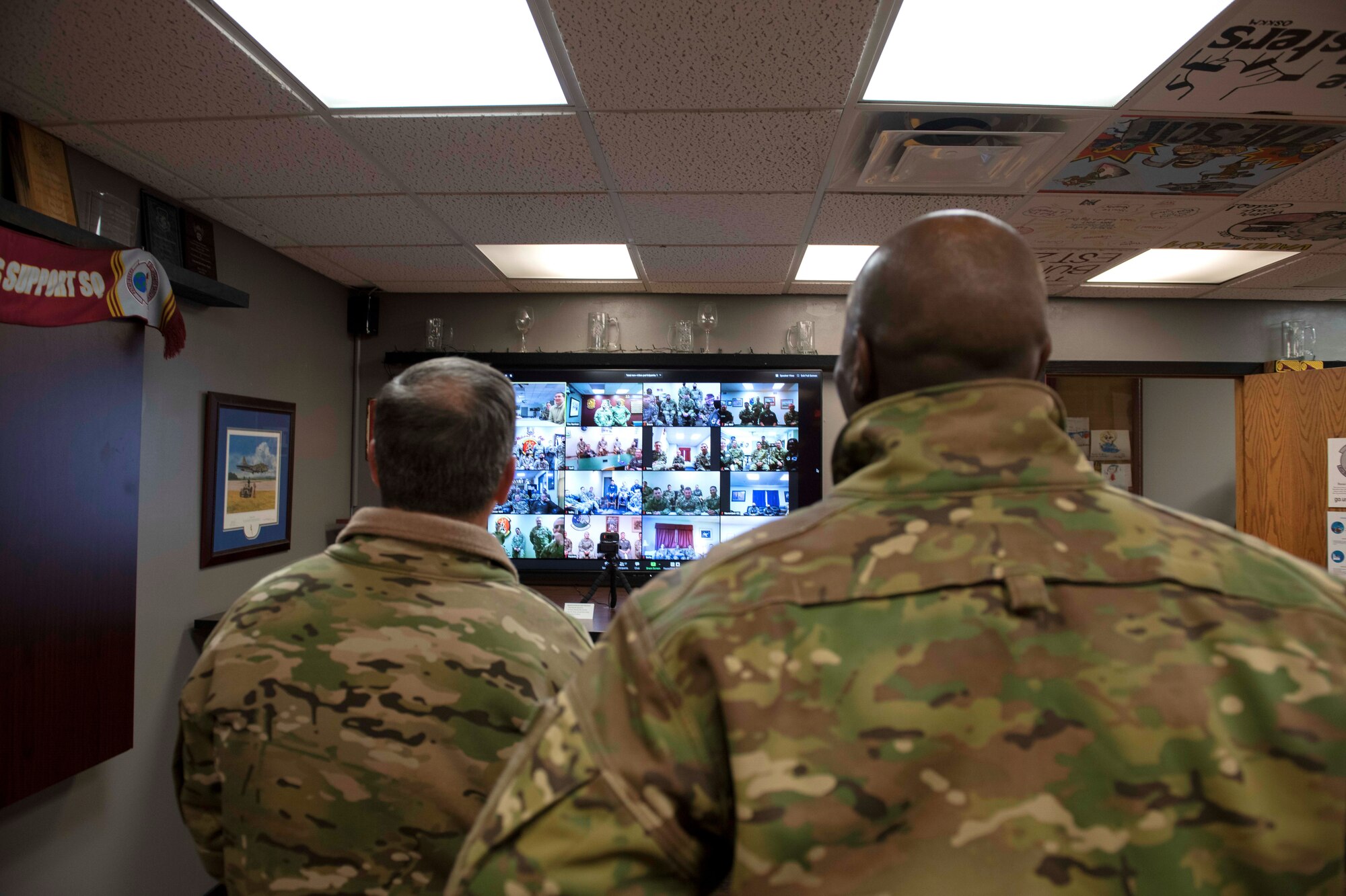 Air Force Chief of Staff Gen. David L. Goldfein and Chief Master Sgt. of the Air Force Kaleth O. Wright participate in a Zoom meeting in the 91st Missile Wing at Minot Air Force Base, North Dakota, May 14, 2020. Air Force Chief of Staff Gen. David L. Goldfein and Chief Master Sgt. of the Air Force Kaleth O. Wright’s visit centered around the efforts of Team Minot to combat the COVID-19 pandemic and successfully execute the Global Striker mission.  (U.S. Air Force photo by Airman 1st Class Jesse Jenny)