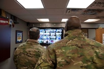 Air Force Chief of Staff Gen. David L. Goldfein and Chief Master Sgt. of the Air Force Kaleth O. Wright participate in a Zoom meeting in the 91st Missile Wing at Minot Air Force Base, North Dakota, May 14, 2020. Air Force Chief of Staff Gen. David L. Goldfein and Chief Master Sgt. of the Air Force Kaleth O. Wright’s visit centered around the efforts of Team Minot to combat the COVID-19 pandemic and successfully execute the Global Striker mission.  (U.S. Air Force photo by Airman 1st Class Jesse Jenny)