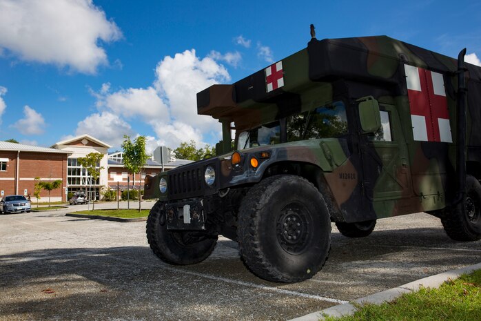 A vehicle stands by ready to assist with destructive weather at Camp Lejeune, N.C., Sept. 12, 2018. (U.S. Marine Corps photo by Lance Cpl. Isaiah Gomez)