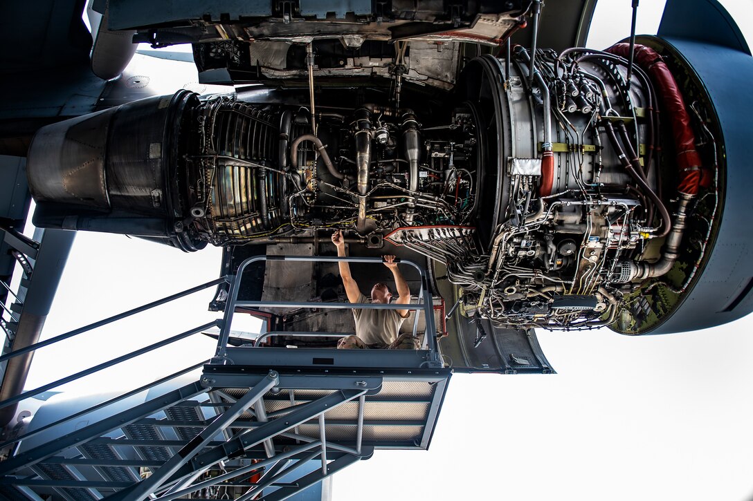 Staff Sgt. Andre Rivera, 911th Maintenance Squadron jet propulsion technician, inspects a C-17 Globemaster III engine during a home station check inspection at the Pittsburgh International Airport Air Reserve Station, Pennsylvania, May 18, 2020.