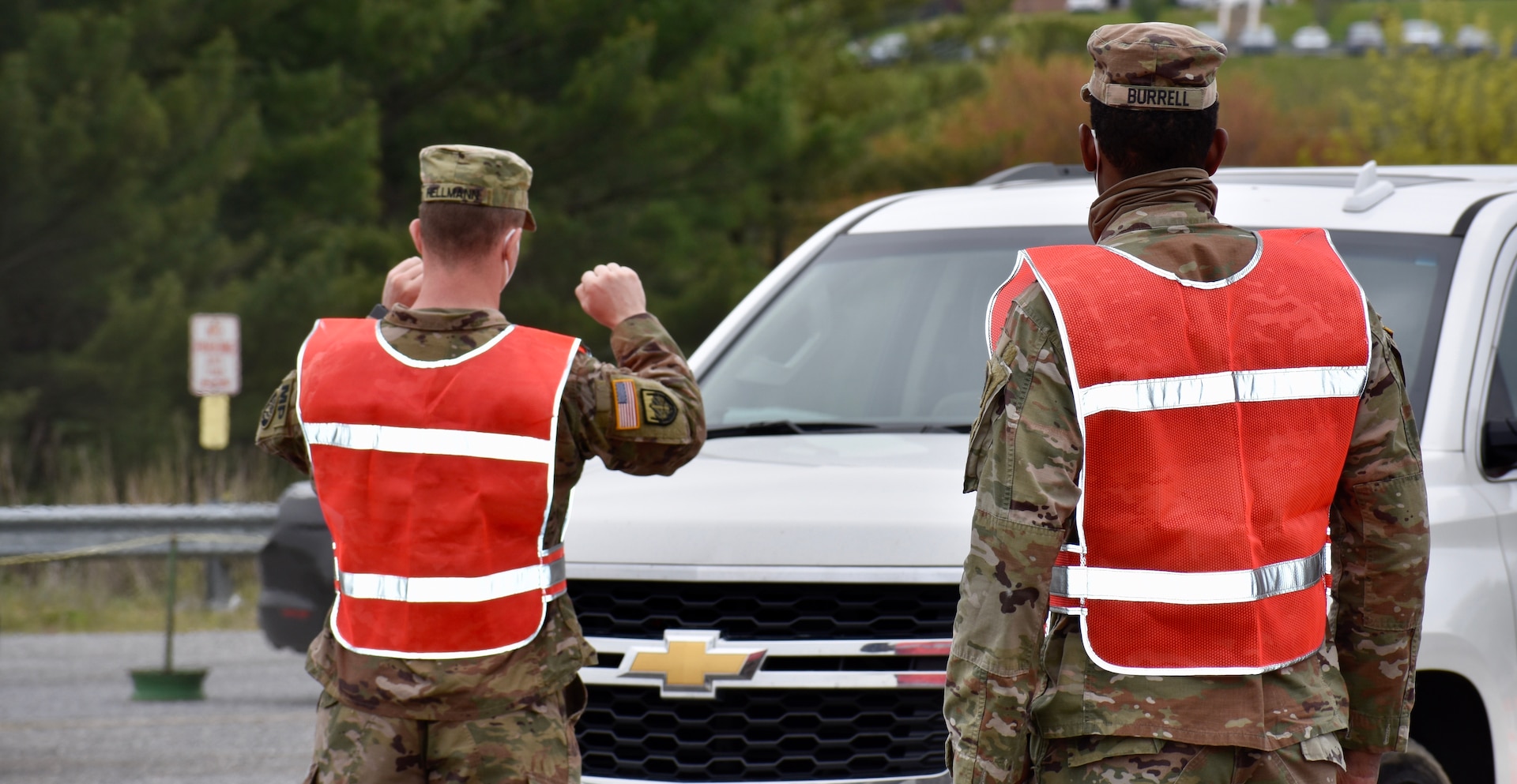 About 10 Soldiers from the Maryland Army National Guard’s 115th Military Police Battalion began supporting the first state-sponsored, community-based COVID-19 testing site May 14, 2020, at the Carroll County Agriculture Center in Westminster, Maryland.