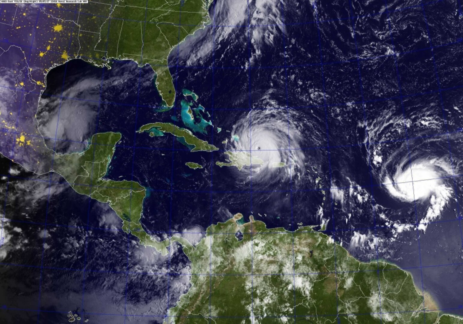 A Geostationary Operational Environmental Satellite image taken Sept. 7, 2017, at 8:45 a.m. EST shows Hurricane Irma, center, and Hurricane Jose, right, in the Atlantic Ocean, and Hurricane Katia in the Gulf of Mexico.