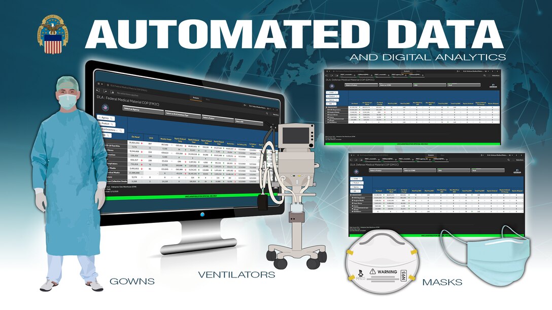 Graphic depicts data on a computer monitor with side images of a medic in a gown and gloves, a N95 mask and ventilator