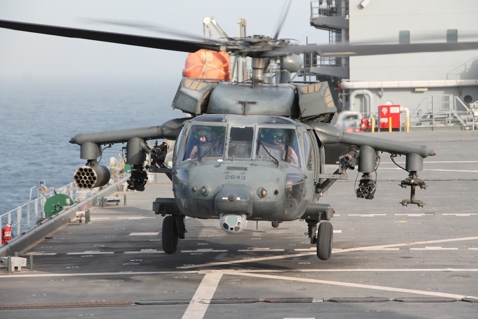 SOUTHERN ARABIAN GULF (May 11, 2020) A UH-60M helicopter attached to the United Arab Emirates (UAE) Joint Aviation Command (JAC) lands aboard the expeditionary sea base USS Lewis B. Puller (ESB 3). Lewis B. Puller is deployed to the U.S. 5th Fleet area of operations in support of naval operations to ensure maritime stability and security in the Central Region, connecting the Mediterranean and Pacific through the Western Indian Ocean and three strategic choke points. (U.S. Navy photo by Chief Logistics Specialist Thomas Joyce)