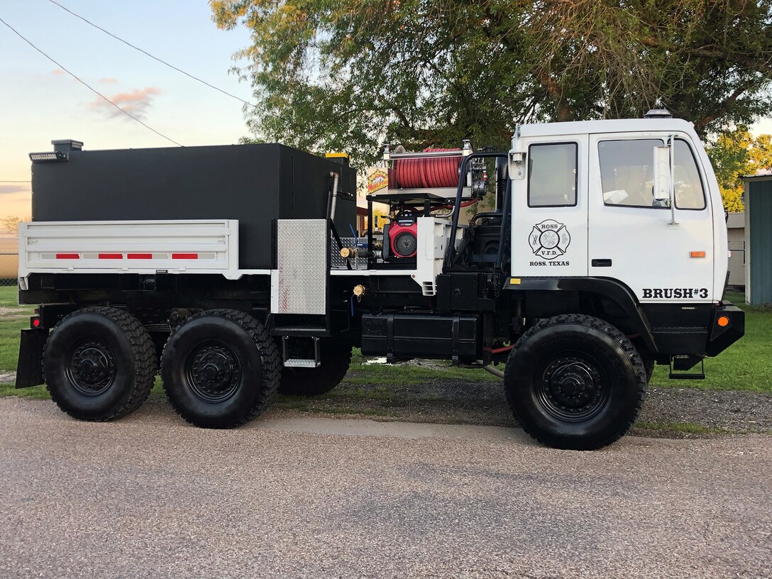 A former military truck now stands ready to help fight fires in Ross, Texas after being converted into a firetruck