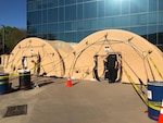Excess military tents from DLA outside a hospital in Clinton, South Carolina, placed as a coronavirus pre-check station.